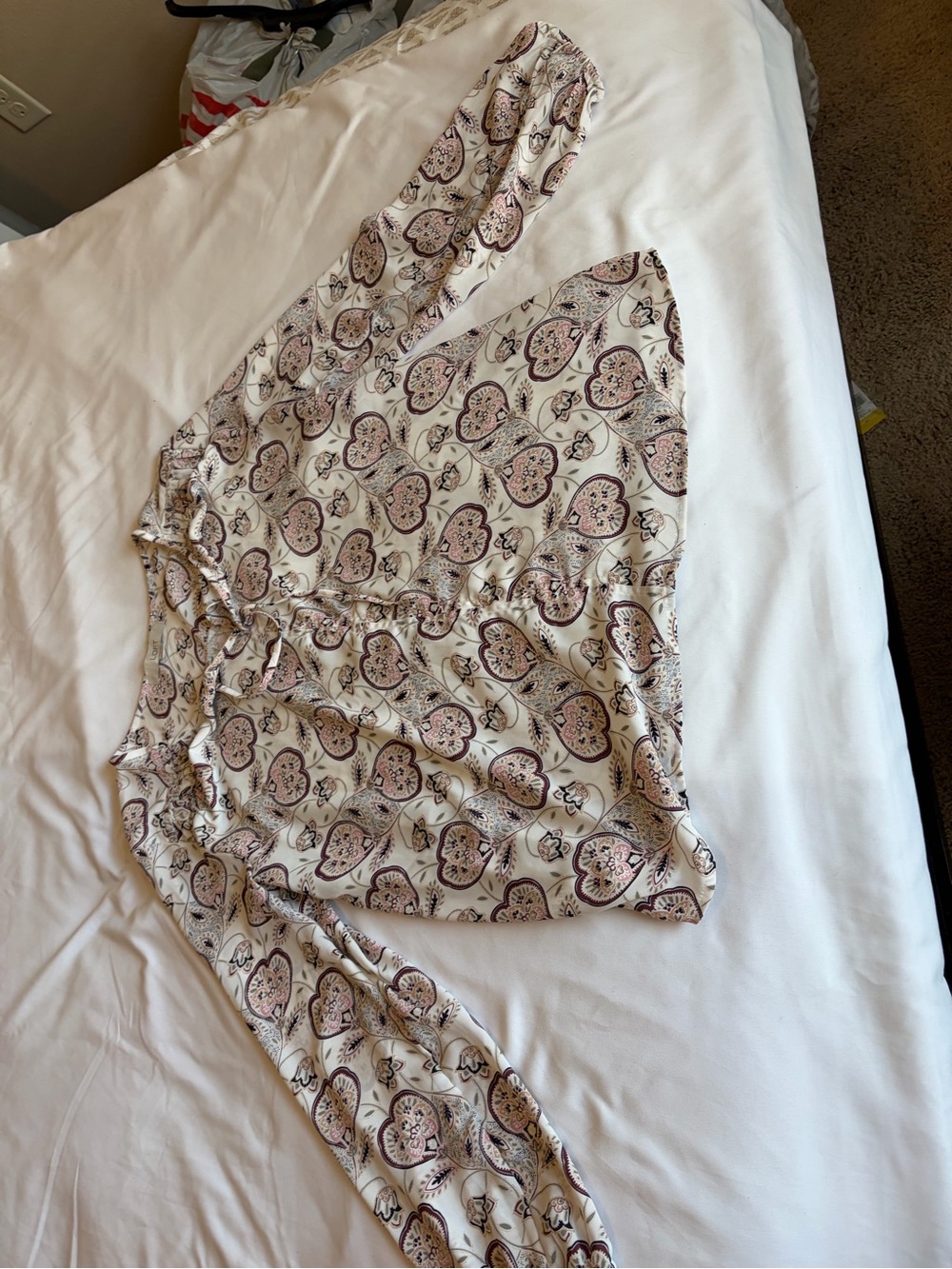 LOFT Cream Blouse with Pink and Brown Paisley Hearts. Women’s medium blouse.